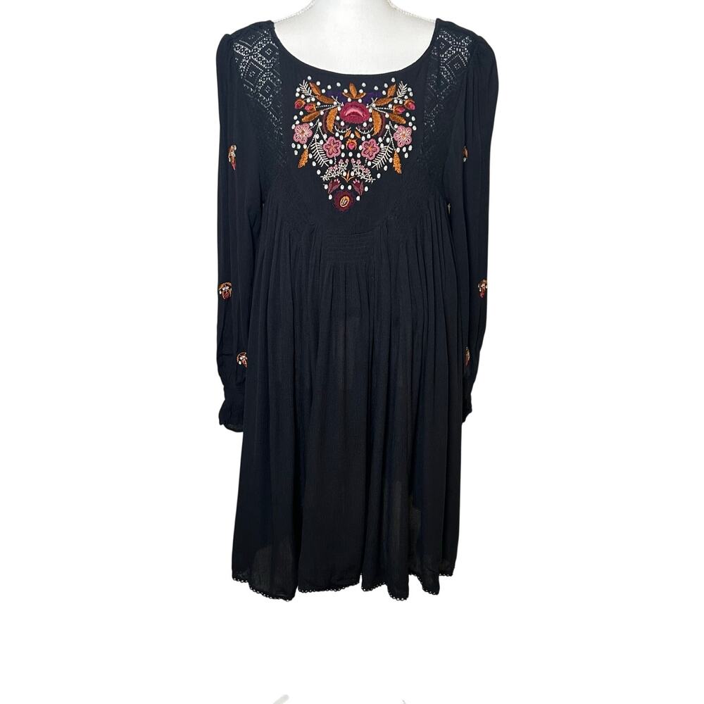 Free People black Mohave mini embroidered boho peasant long sleeve dress size L